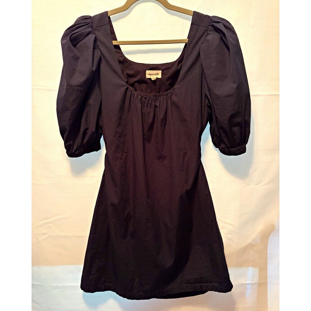 Open Edit Black Cutout Square Neck Puff Sleeve Mini Dress Women's Regular M